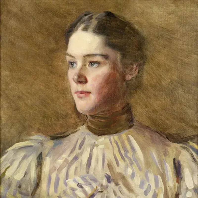 A painting of a light-skinned adult woman gazing to her right against a brown background. Her brown hair is neatly pulled back and she wears a voluminous white top with puffy sleeves and a high brown collar. The top is rendered in thick brush strokes, while her face is finely detailed.