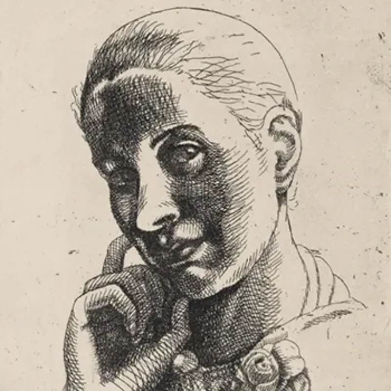 A black ink drawing of a woman on a beige ground. She is drawn from the neck up in three-quarter profile with a slight smile, her hair pulled back, her right hand held up to her right cheek, and her head tilted.