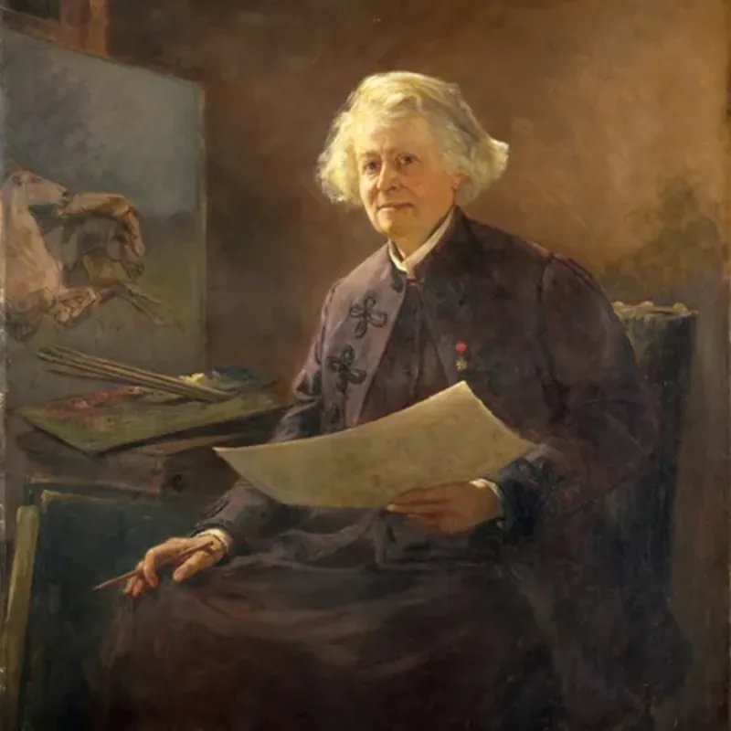 Painting of a light-skinned, adult woman with alert eyes and light illuminating her silvery hair. She wears purple clothing over a white blouse and holds a pencil and a white sheet of paper. A palette rests on a table at her side, in front of a painting of horses.