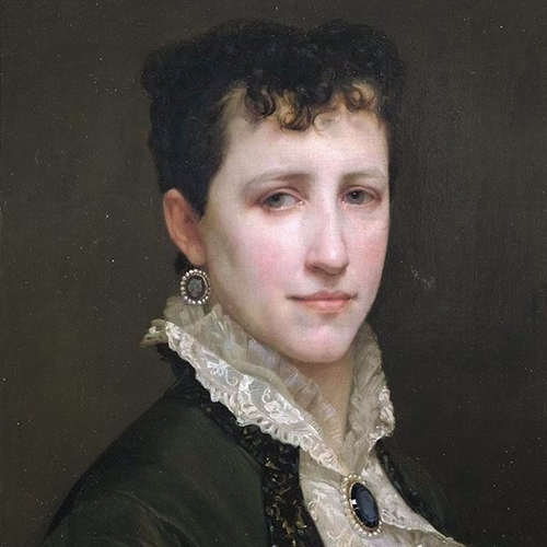 A painting of a light-skinned woman with short, dark, curly hair and light grey eyes. She is depicted against a solid, dark grey background from the chest up, and wears a dark green coat over a white lace shirt with a ruffled collar and a sapphire and pearl brooch.