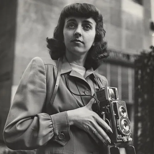 A black-and-white photograph of a light-skinned young woman with medium-length dark hair and thick bangs. She is depicted standing outdoors in front of a building. She wears a coat and holds a large camera.