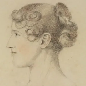 Pencil drawing on beige ground of the head of a young woman in profile. She has light skin, flush peach cheeks, and curly brown hair pulled up in a bun.