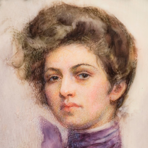 A watercolor of a young, lightskinned woman with brown hair piled on top of her head. She is depicted from the neck up, and is wearing a purple shirt with a high collar. The brushstrokes are visible and short.