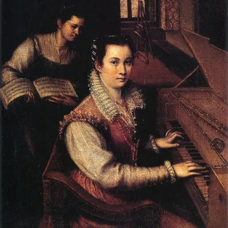 Painting of a light-skinned adult woman sitting at a keyboard. Her dark hair is pulled back. She wears an ornate dress with long sleeves and white lace collar. Behind her, a light-skinned woman holds open a book of sheet music. In the background, an easel stands by a window.