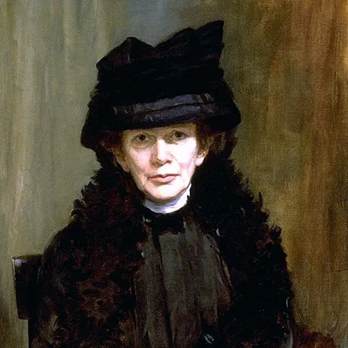 A painting of a light skinned, older woman who is seated on a black chair. She wears a large, black hat, and a white turtleneck that is barely visible beneath a black coat and black feathered shawl. The background, rendered in visible, thin painstrokes, is grey and brown.