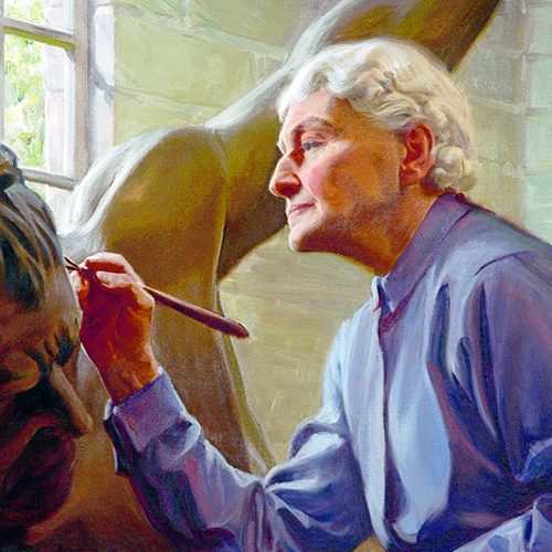 A vibrant painting of a light-skinned older woman in profile focusing calmly yet intently on sculpting details into a large sculpture of a human figure. Her white hair is short, neat, and wavy and she wears a blue collared shirt; she works by the sunlight beaming through a window.