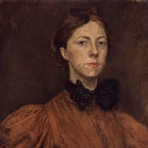 A painting of a light-skinned adult woman with brown hair pulled back from her face. She wears a high-necked brown shirt with a large black bow at the collar. She is posed from the chest up against a brown background with visible brushstrokes.