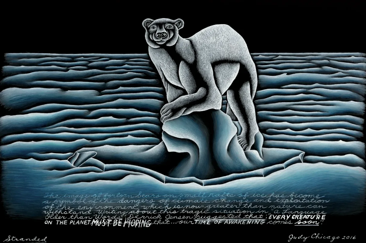 Painting on black glass shows a polar bear standing on a small block of ice in a choppy ocean and staring out at viewer.