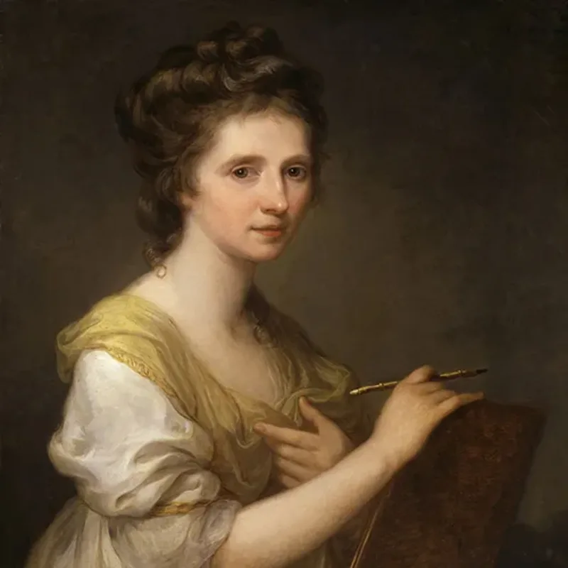 A painting of a light-skinned adult woman delicately holding a paintbrush and small canvas. Her brown hair is piled carefully in large curls atop her head, and she wears a flowing, billowy yellow and white dress.