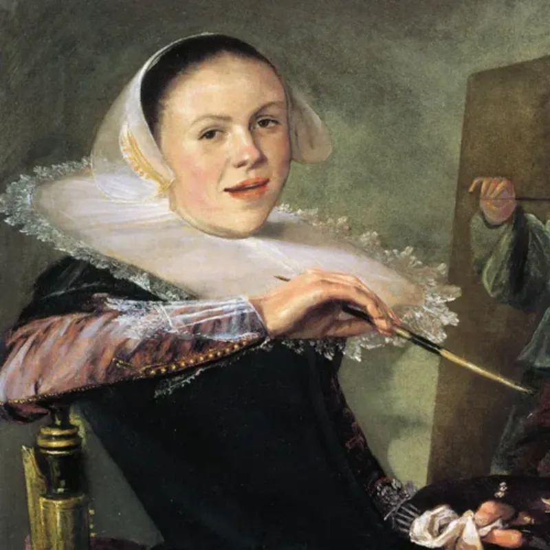 Half-length interior painting of a smiling light-skinned adult woman with dark hair pulled back. She wears a white bonnet and dark-color dress with white lace trim and large collar. She leans back in a chair before a painting, holding a paintbrush, palette, and white cloth.