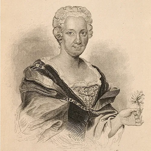 Etching of a woman holding the stem of a flower in her left land. Her white hair is short and curled to show an earring in her right ear. Her dress, with its lace collar and voluminous sleeves, looks like it is made from expensive fabrics. Her expresssion is open and frank.