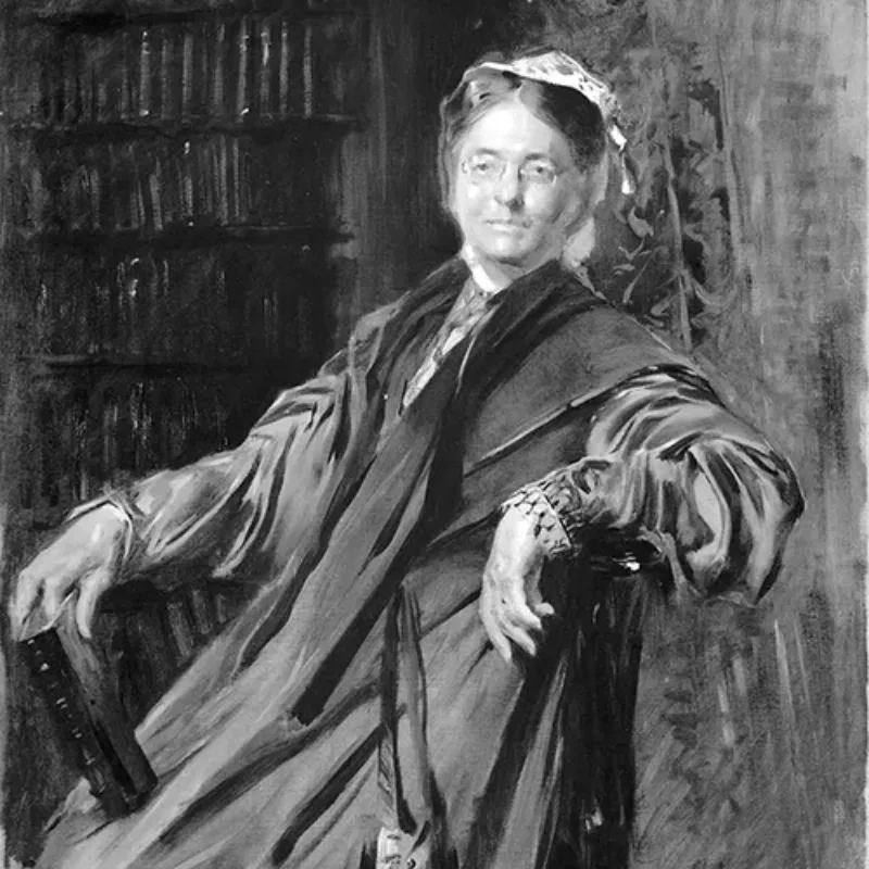 A detailed black-and-white painting of a light-skinned older woman sitting back in a chair and smiling slightly. Her arm rests on the back of the chair and her other arm is propped up on a book in her lap. She wears a long-sleeved, long, full dress, white bonnet, and glasses.