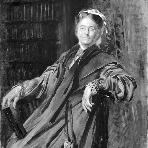 A detailed black-and-white painting of a light-skinned older woman sitting back in a chair and smiling slightly. Her arm rests on the back of the chair and her other arm is propped up on a book in her lap. She wears a long-sleeved, long, full dress, white bonnet, and glasses.