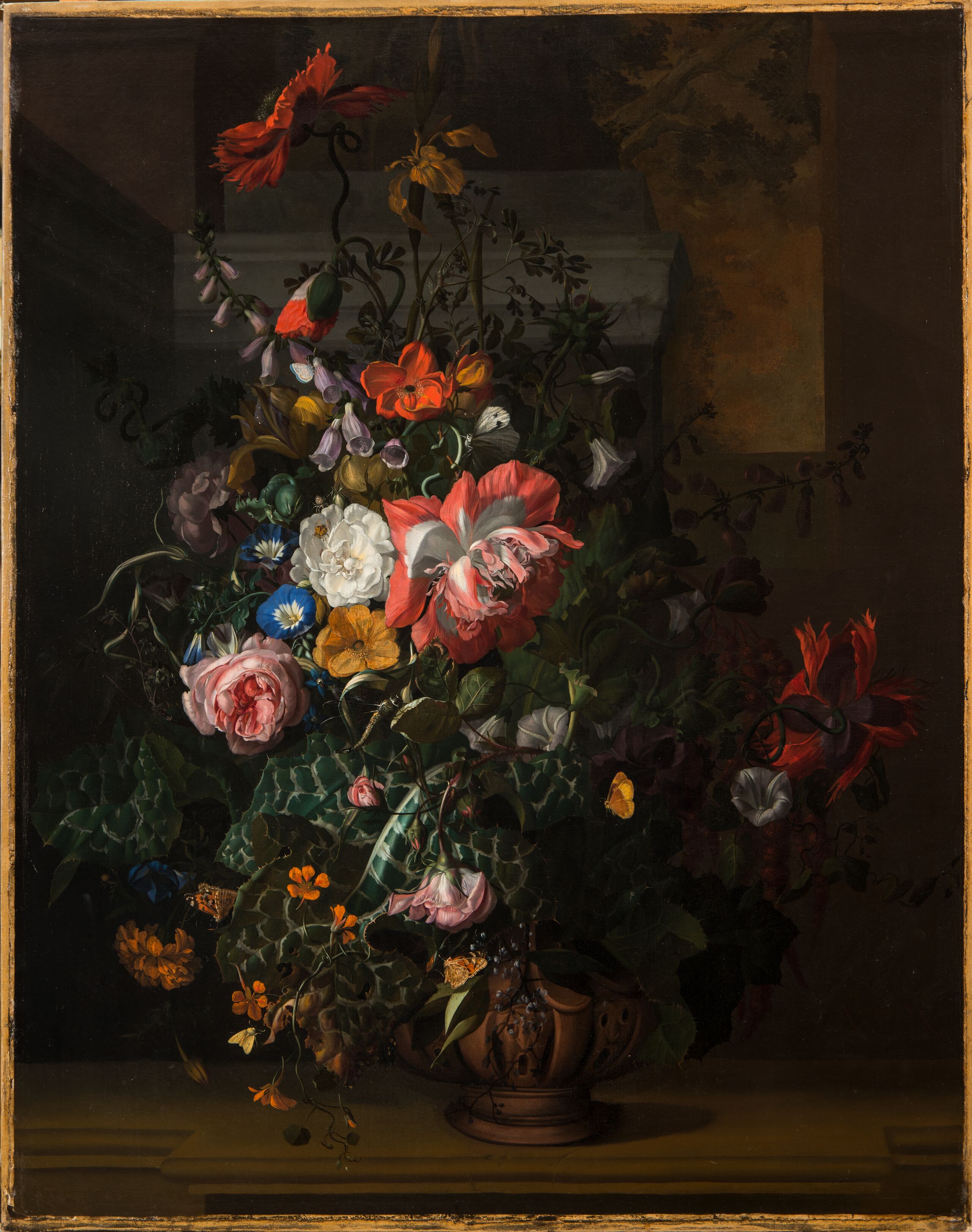 A dark-toned painting of a large, ornate vase overflowing with colorful flowers, including roses, lilies, and tulips, set against a shadowy background with rich, detailed textures and dramatic lighting.