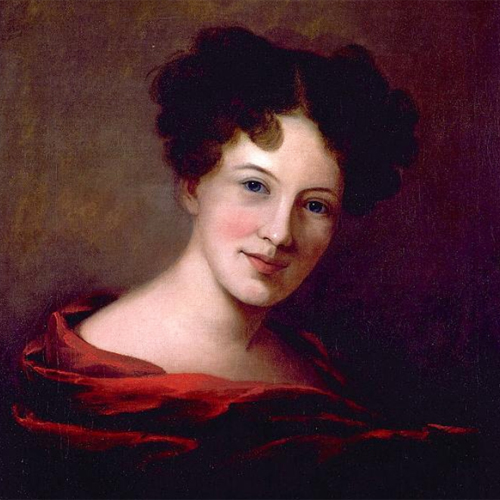 Softly painted portrait of a light-skinned woman. Her dark, curled, short hair is parted in the middle. She cocks her head to the right, smiling slightly, and her blue eyes look directly at the viewer. She is wrapped in crimson, her shoulders nearly bare against the dark background.