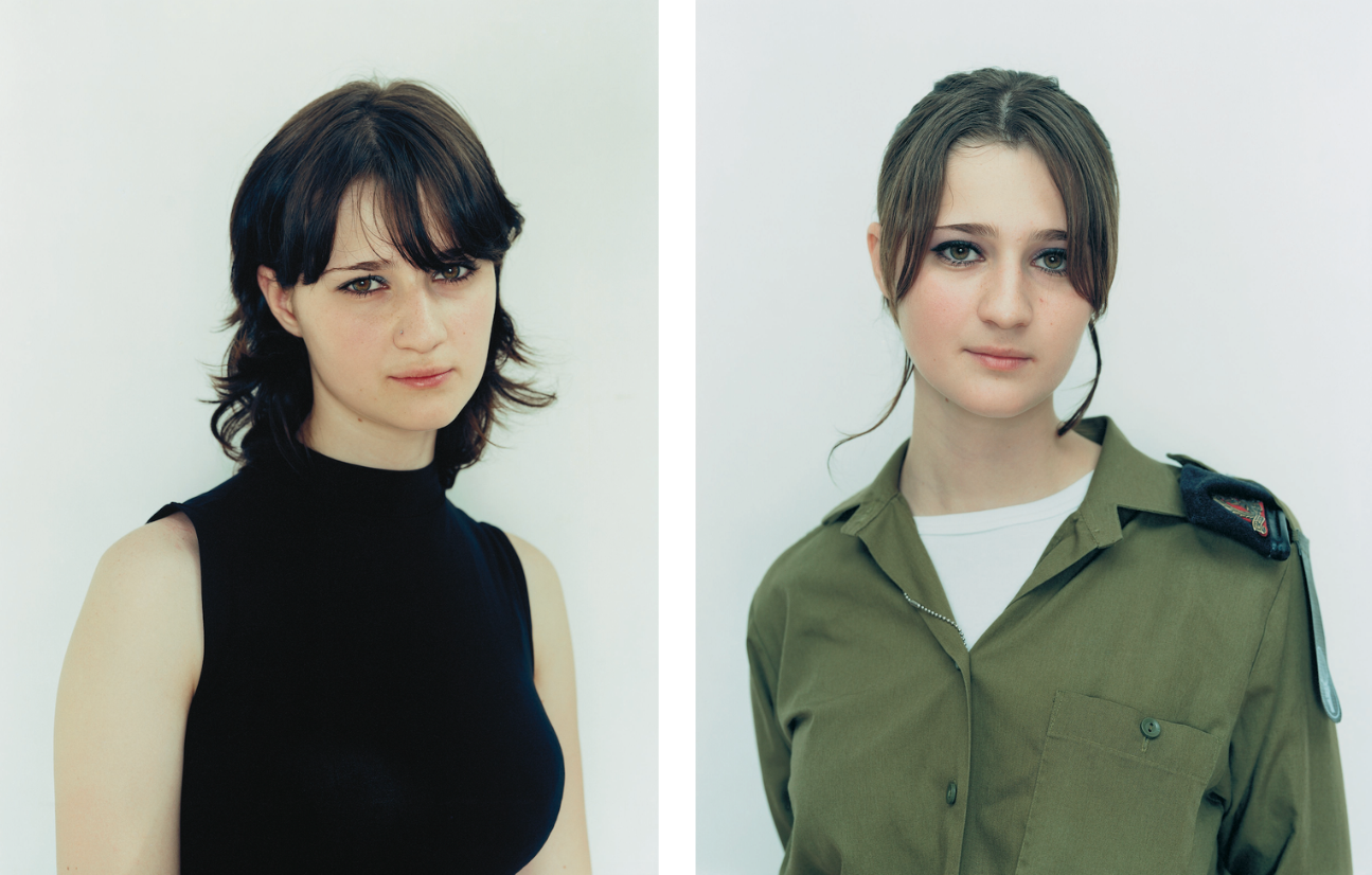Paired photographic portraits capture a young, light-skinned woman at different life moments. At left, she wears a black sweater and gazes out shyly from beneath her dark bangs. At right, clad in an olive drab, military shirt, she makes eye contact with viewers more confidently.