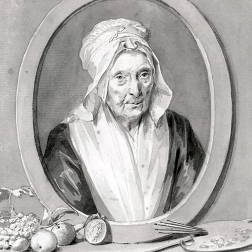 Drawing of an older light-skinned woman in an oval frame. She wears a white bonnet and scarf and stares directly at the viewer. Surrounding the frame sit various objects such as fruit, coins, and paint brushes and a palette.