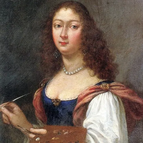 A light-skinned young woman with long curly brown hair is pictured against a dark background from the waist up. She wears a blue dress with large flowy white and pink sleeves, with a pearl necklace and dangling earrings. In her hands, she holds a palette and paintbrush.