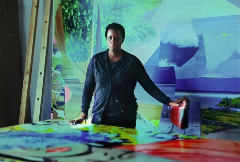 A woman with a dark skin tone and short black hair stands behind a large table covered in a painting. Her dark clothing stands out against the rich blues, greens, reds and yellows of the room she is in. Her left hand rests on a stool covered in red paint.