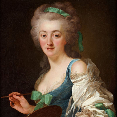 A painting of a light-skinned adult woman holding a paintbrush and palette, smiling as she paints. Her voluminous gray hair is curled and pulled up into a huge style with a green ribbon in it. Matching green ribbons embellish her elegant blue and white dress.