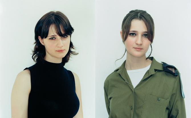 Paired photographic portraits capture a young, light-skinned woman at different life moments. At left, she wears a black sweater and gazes out shyly from beneath her dark bangs. At right, clad in an olive drab, military shirt, she makes eye contact with viewers more confidently.