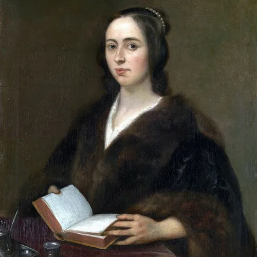 A painting of a light-skinned adult woman with dark hair. She wears a large, luxurious, brown fur coat and holds an open book in her hands.