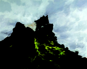 Oil painting with expressive, brushy strokes depicting a mossed mountain and cloudy sky