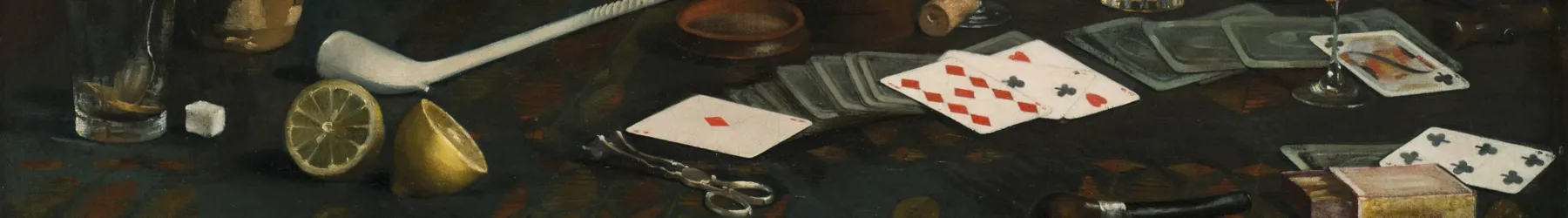 Painting of a blue tablecloth with gold and red pattern. Strewn across the top are half-empty glasses of wine and brown liquid, playing cards, lemon halves and matches. Two pipes, one long and white, one small and dark, lie next to a container of sugar cubes, corks, and bottles.