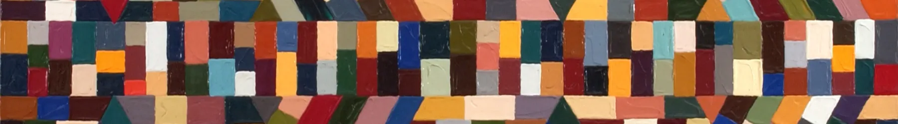 Geometric abstract painting composed of different colored squares arranged in a mosaic-like pattern.