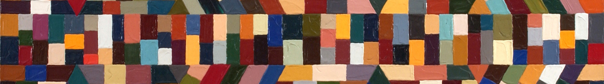 Geometric abstract painting composed of different colored squares arranged in a mosaic-like pattern.