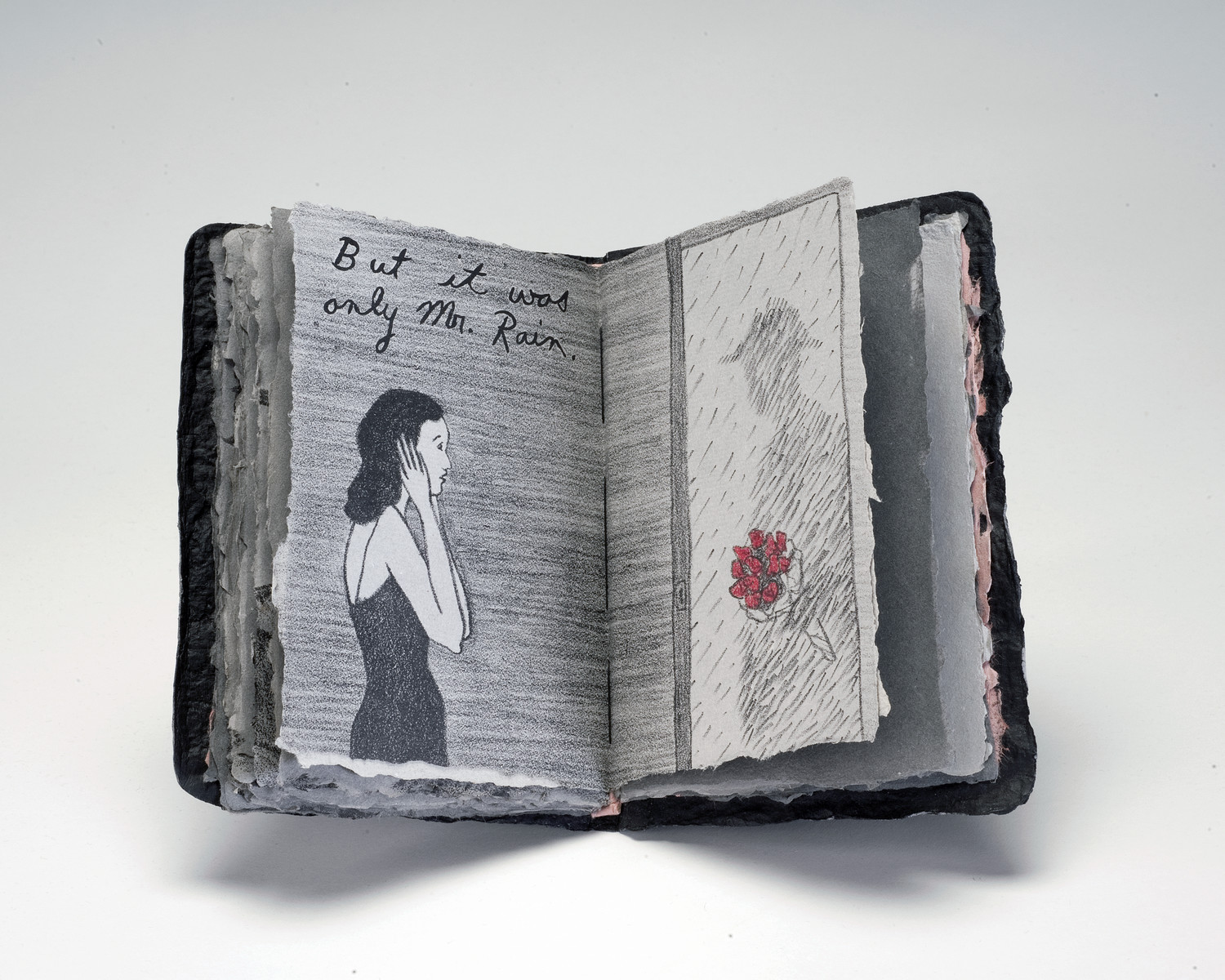 An open book shows a young, light-skinned woman with black hair reacts to a shadowy male figure in her doorway. The figure, comprised of raindrops, offers her a bouquet of bright red roses. Above the woman, the words "But it was only Mr. Rain" appear.