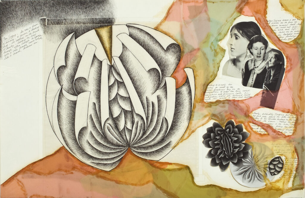 Mixed media work on paper shows a large ink drawing of a sculptural plate with page-like leaves unfurling in a round, flower-like pattern. Smaller plate deisgns, collaged photographs of the author, and her written words are surrounded by pink, orange, yellow and green watercolor.