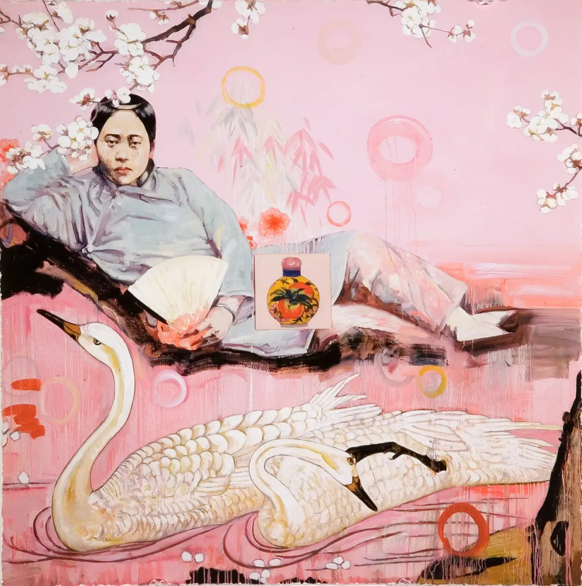 A woman from early 20th century China lounging on her side resting her head on her hand and staring out at the viewer. She appears to be floating against a pale pink background and darker pink foreground with a white swan swimming in front of her.