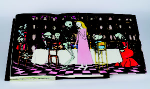 The open page of a book depicts a dinner party, attended by well-dressed skeletons, set in front of shelves of urns. In the foreground, a blonde woman wears a long, pink dress and sips red wine, engaging in conversation with a skeleton.