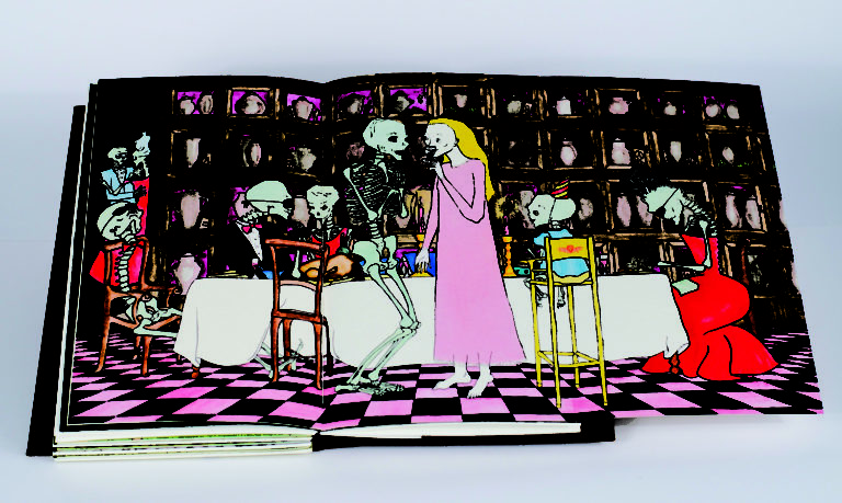 The open page of a book depicts a dinner party, attended by well-dressed skeletons, set in front of shelves of urns. In the foreground, a blonde woman wears a long, pink dress and sips red wine, engaging in conversation with a skeleton.