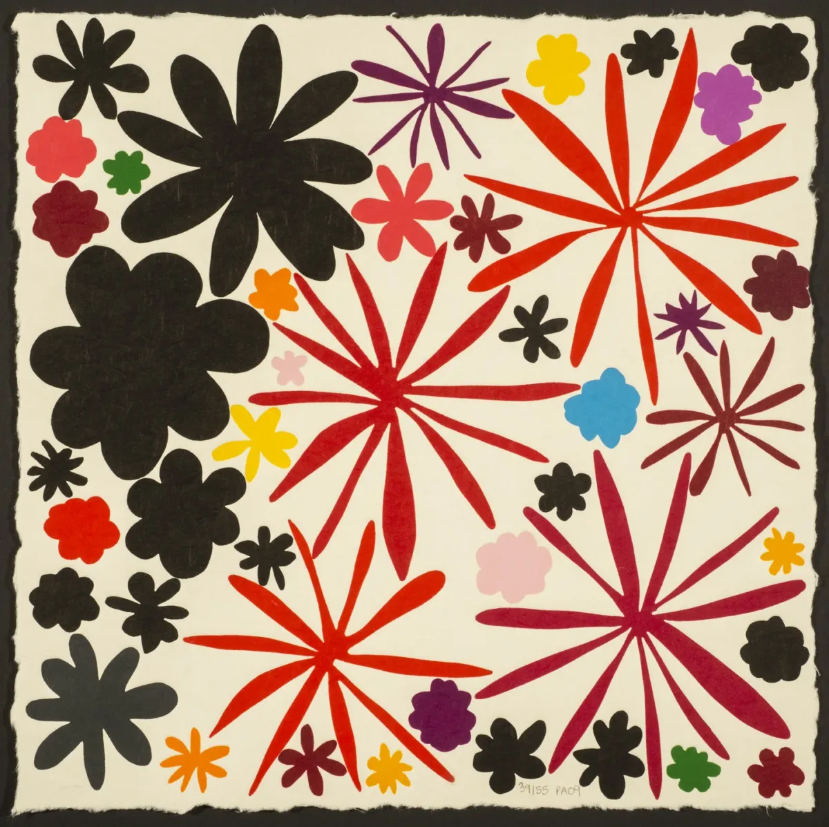 Bright, colorful flowers in multiple shapes and sizes pop against black flowers on one side of the canvas.