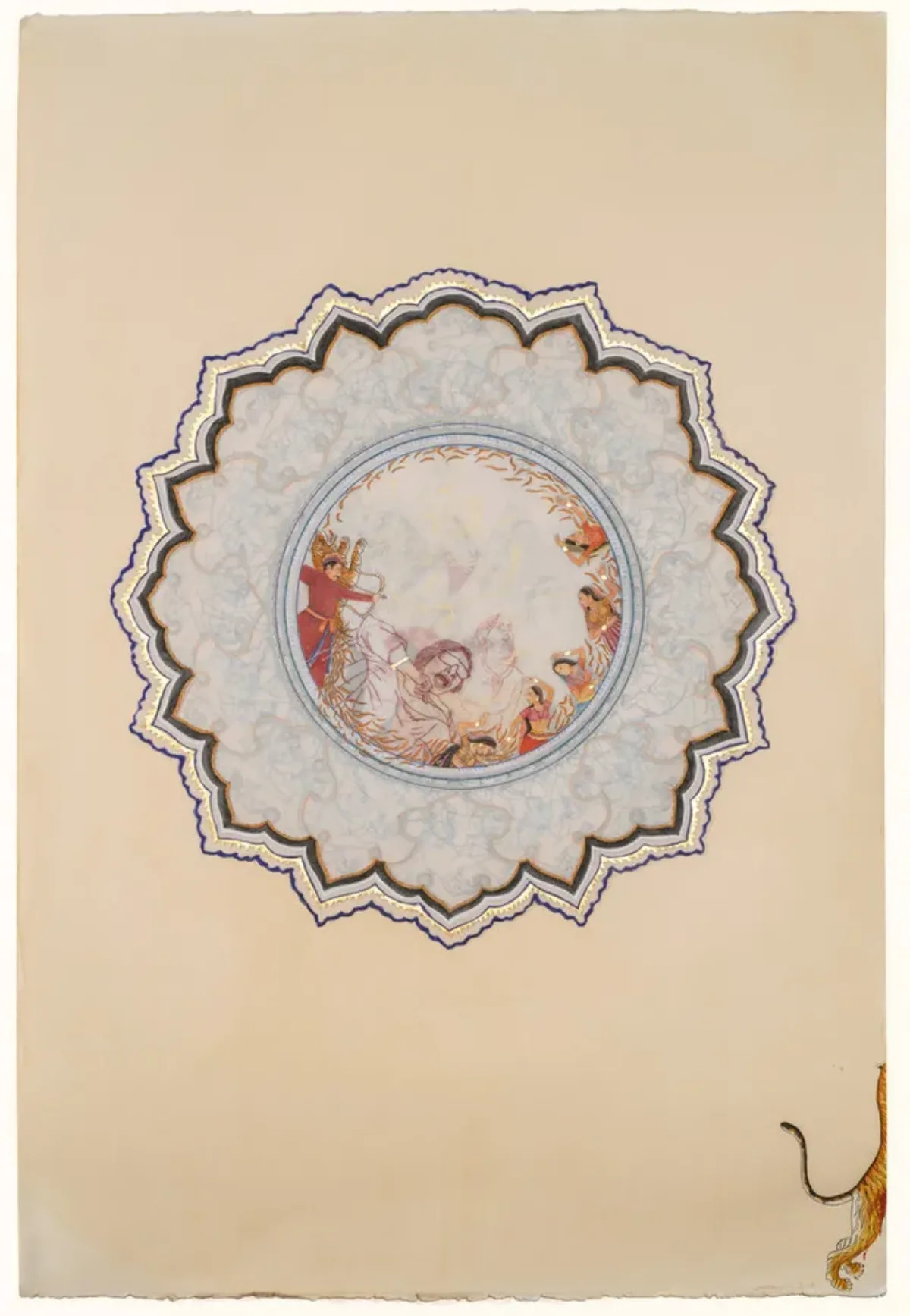 Detailed mixed media print with a flower-like shape against a beige background. In the center is a circular scene depicting the outlines of women yelling surrounded by figures from classical Indian painting.