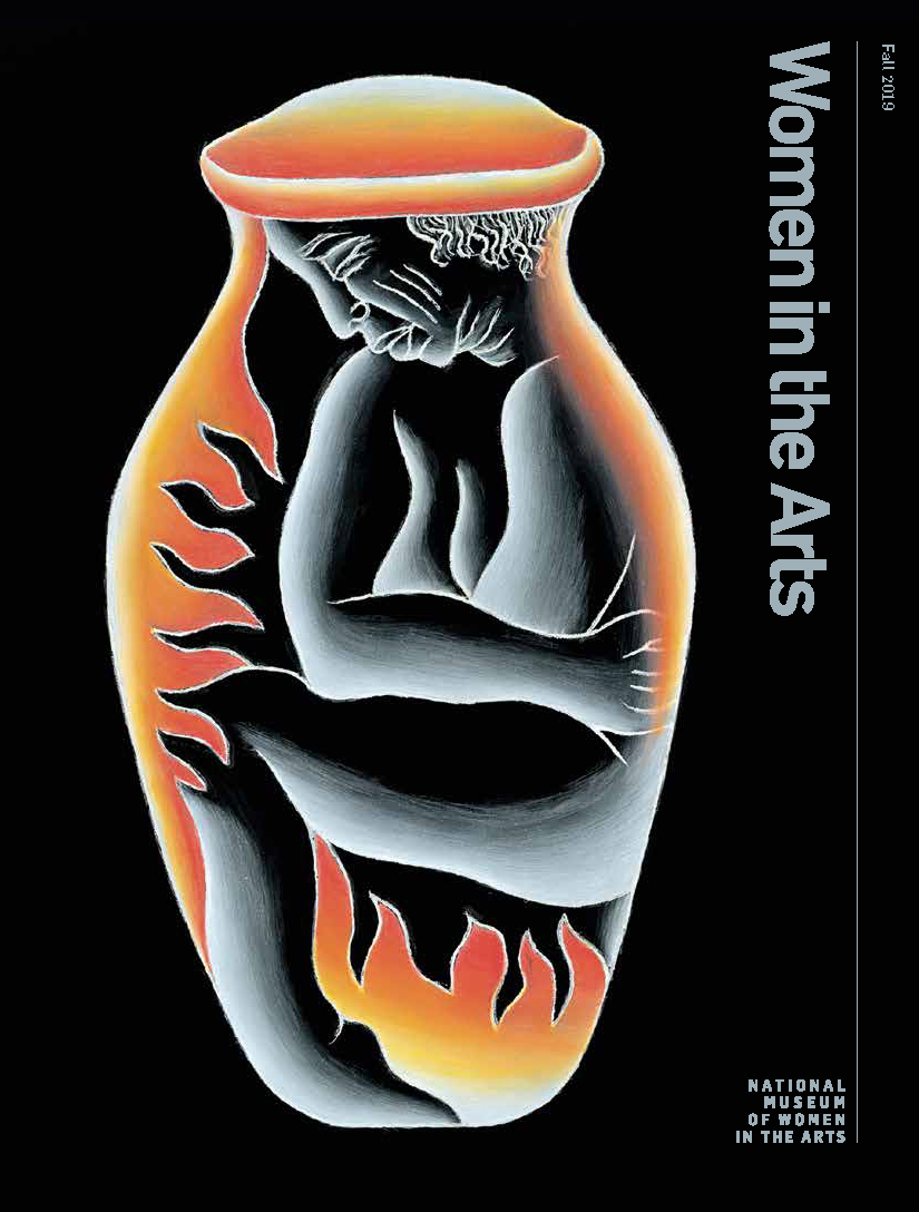Cover of Women in the Arts Magazine features a vase outlined in bright orange flames with an figure inside.