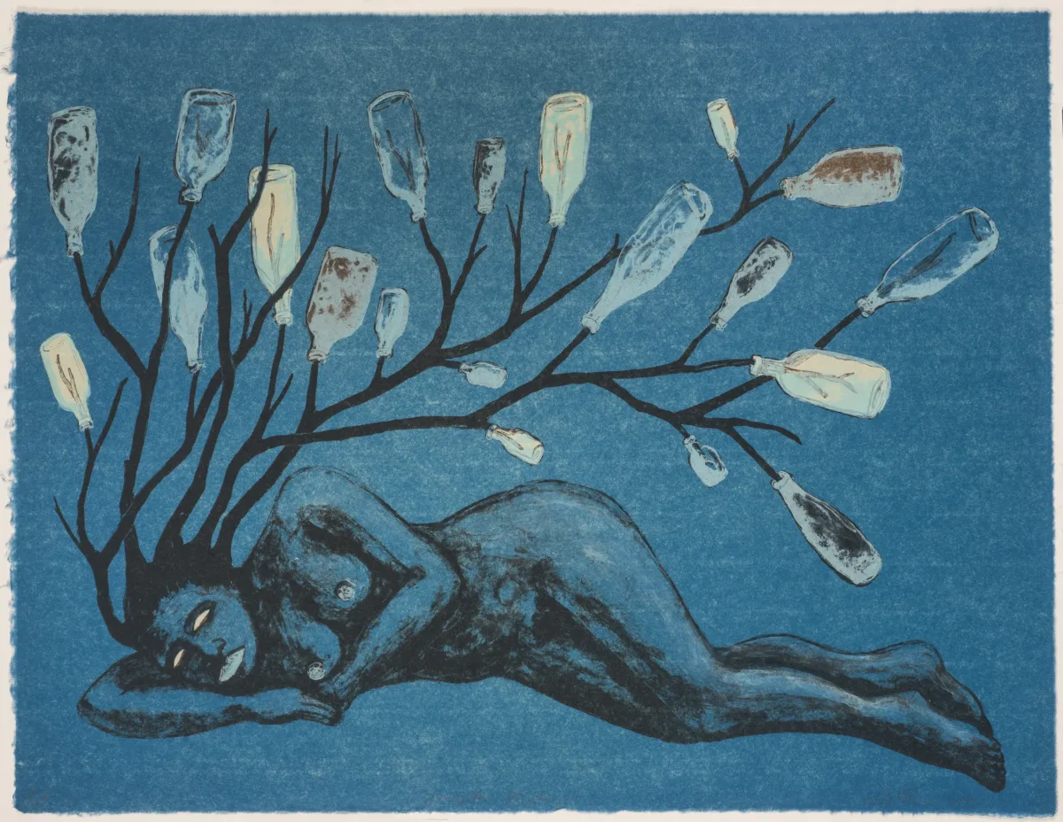 Lithograph print on a blue background portrays a nude woman laying horizontally across the length of the paper. In place of hair, a bottle tree appears to sprout from the figure’s head.