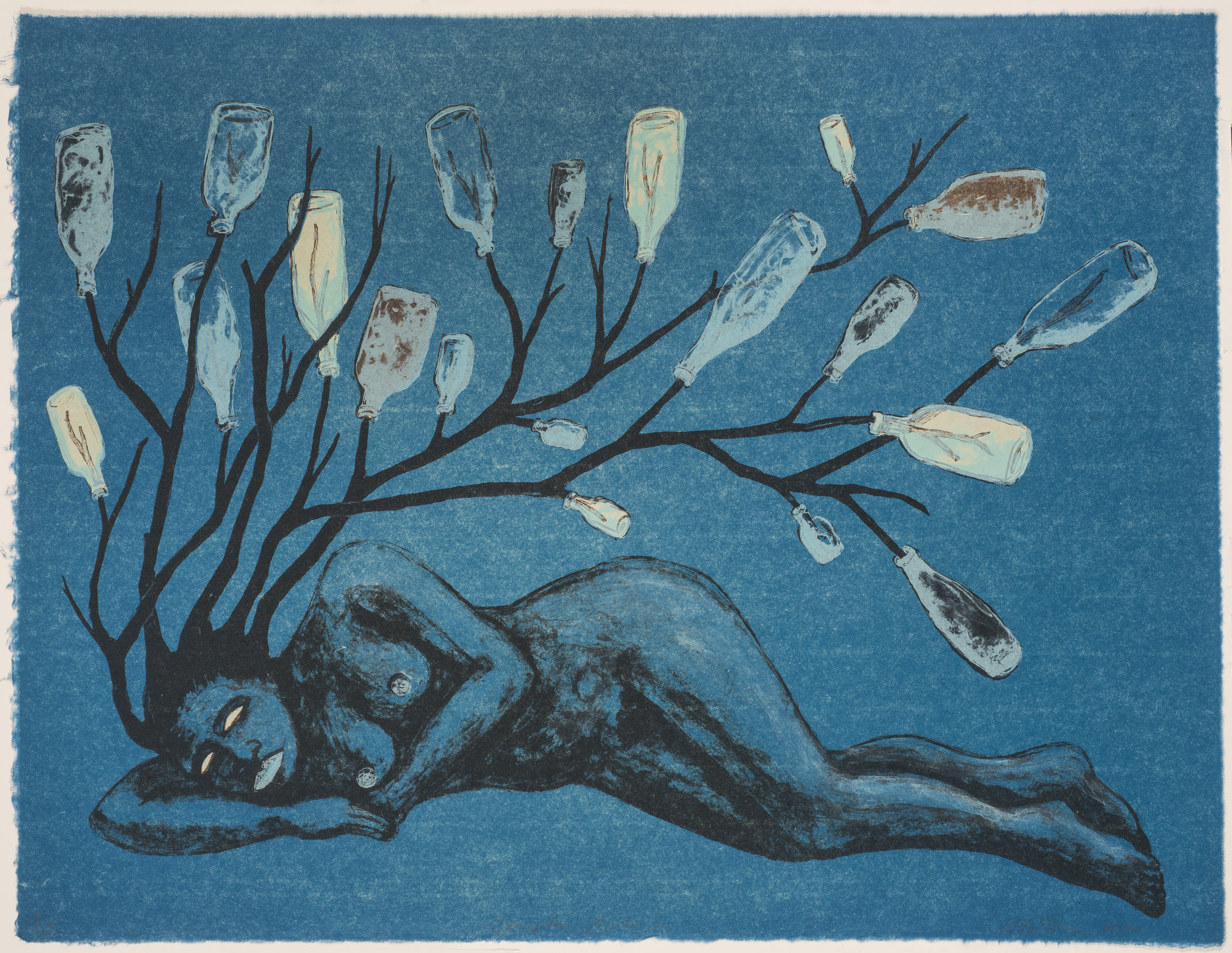 Lithograph print on a blue background portrays a nude woman laying horizontally across the length of the paper. In place of hair, a bottle tree appears to sprout from the figure’s head.