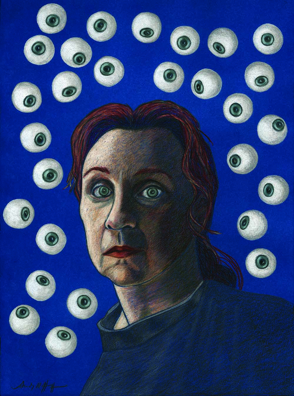 A surreal portrait shows a light-skinned woman with blazing red hair, piercing grey eyes, and red lips. Set against a vibrant blue background, the woman gazes pointedly at the viewer, surrounded by 28 floating eyeballs.