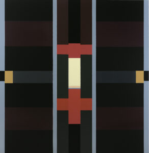 Abstract painting of varying sizes of rectangles divided into three vertical sections flanked by thin, light blue stripes. The central composition includes red cross-shapes with cream, grey and black rectangles; on either side are symmetrical black, brown, and gray horizontal stripes.