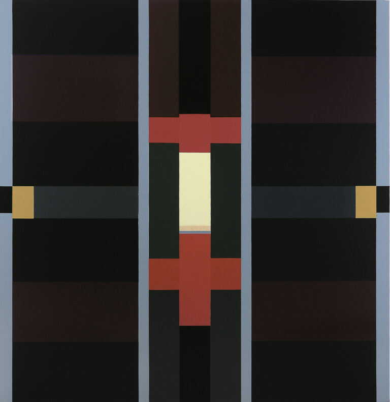 Abstract painting of varying sizes of rectangles divided into three vertical sections flanked by thin, light blue stripes. The central composition includes red cross-shapes with cream, grey and black rectangles; on either side are symmetrical black, brown, and gray horizontal stripes.