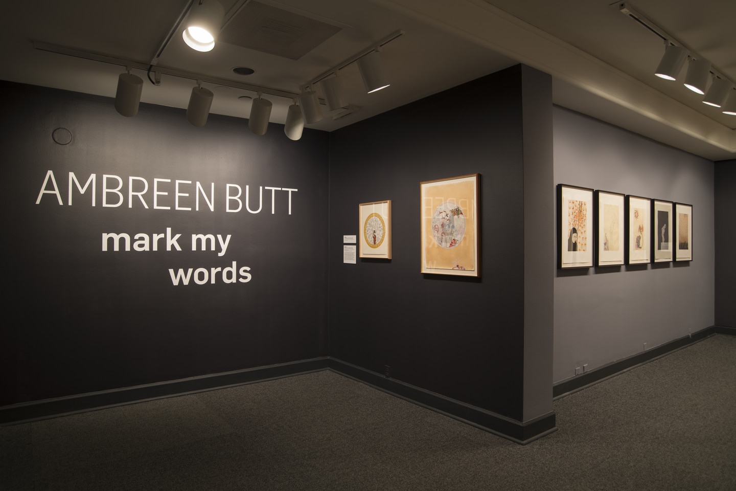 Installation view of seven works by Ambreen Butt on dark gray walls. The words 