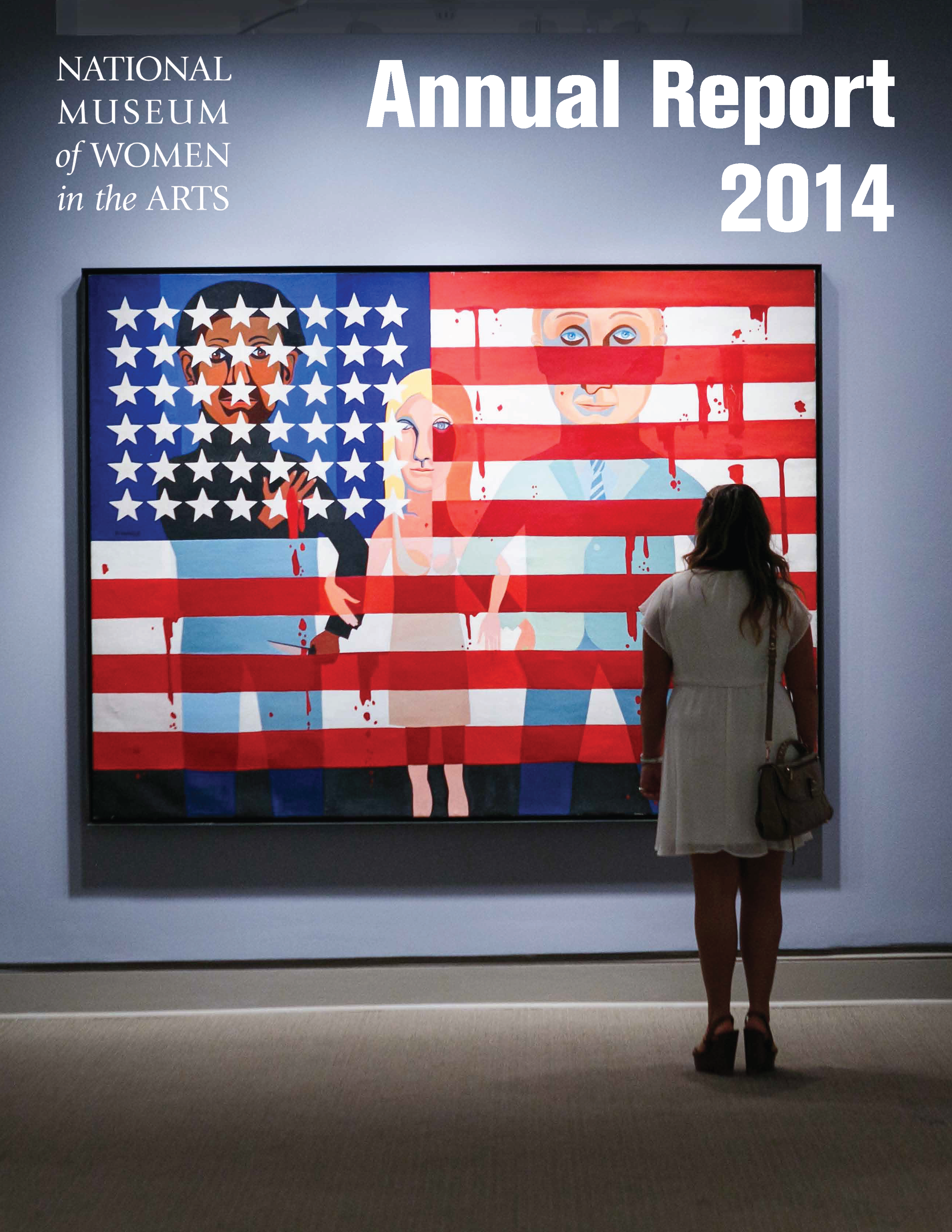 Cover of the 2014 annual report shows a women standing in front of a American flag painting with the text 'Annual Report 2014'