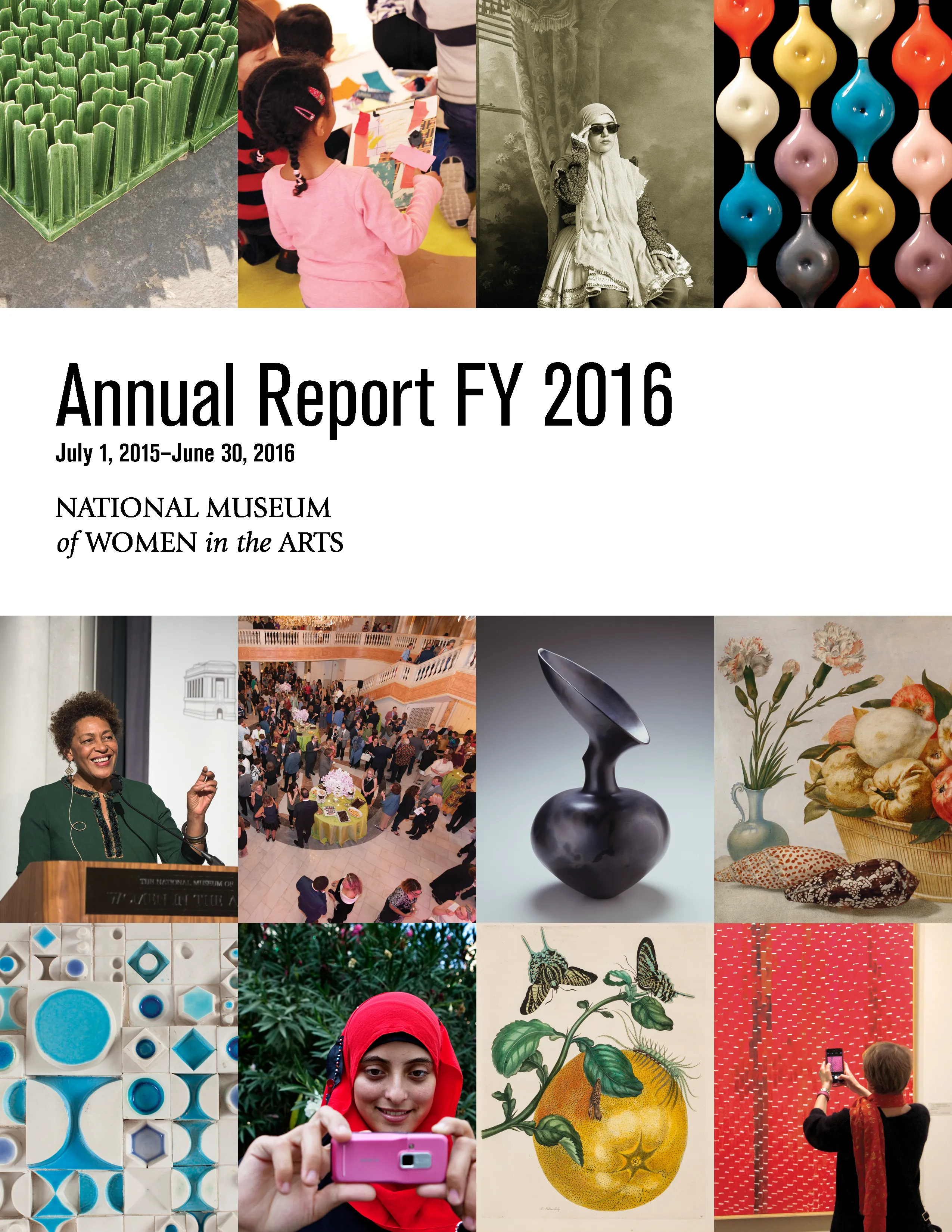 Cover of the 2016 annual report shows 12 tiled images along with the text 'Annual Report FY2016, July 1, 2015–June 30, 2016