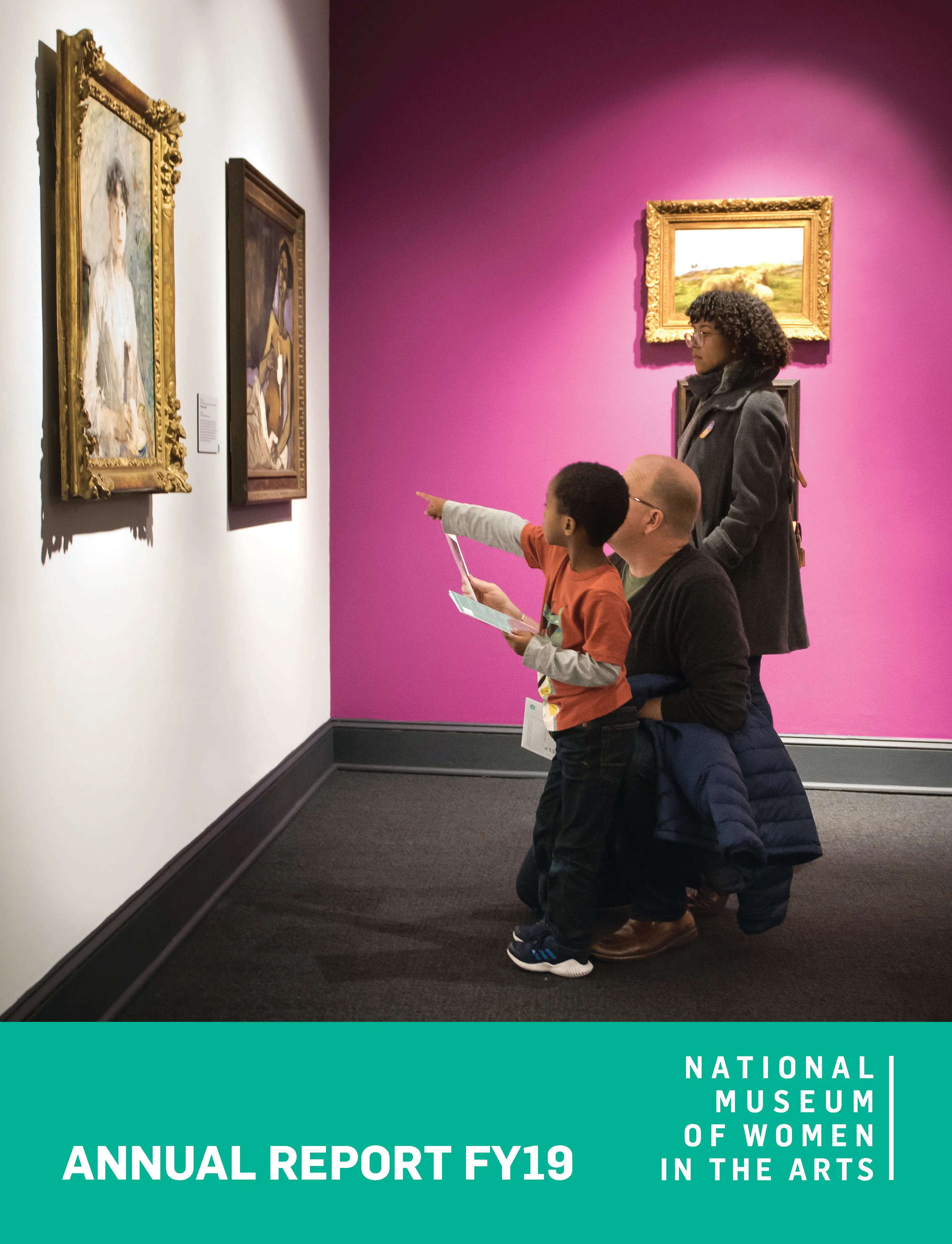 Cover of the 2019 annual report shows an image of a child and two adults in the galleries looking at two painted artworks on the museum wall.