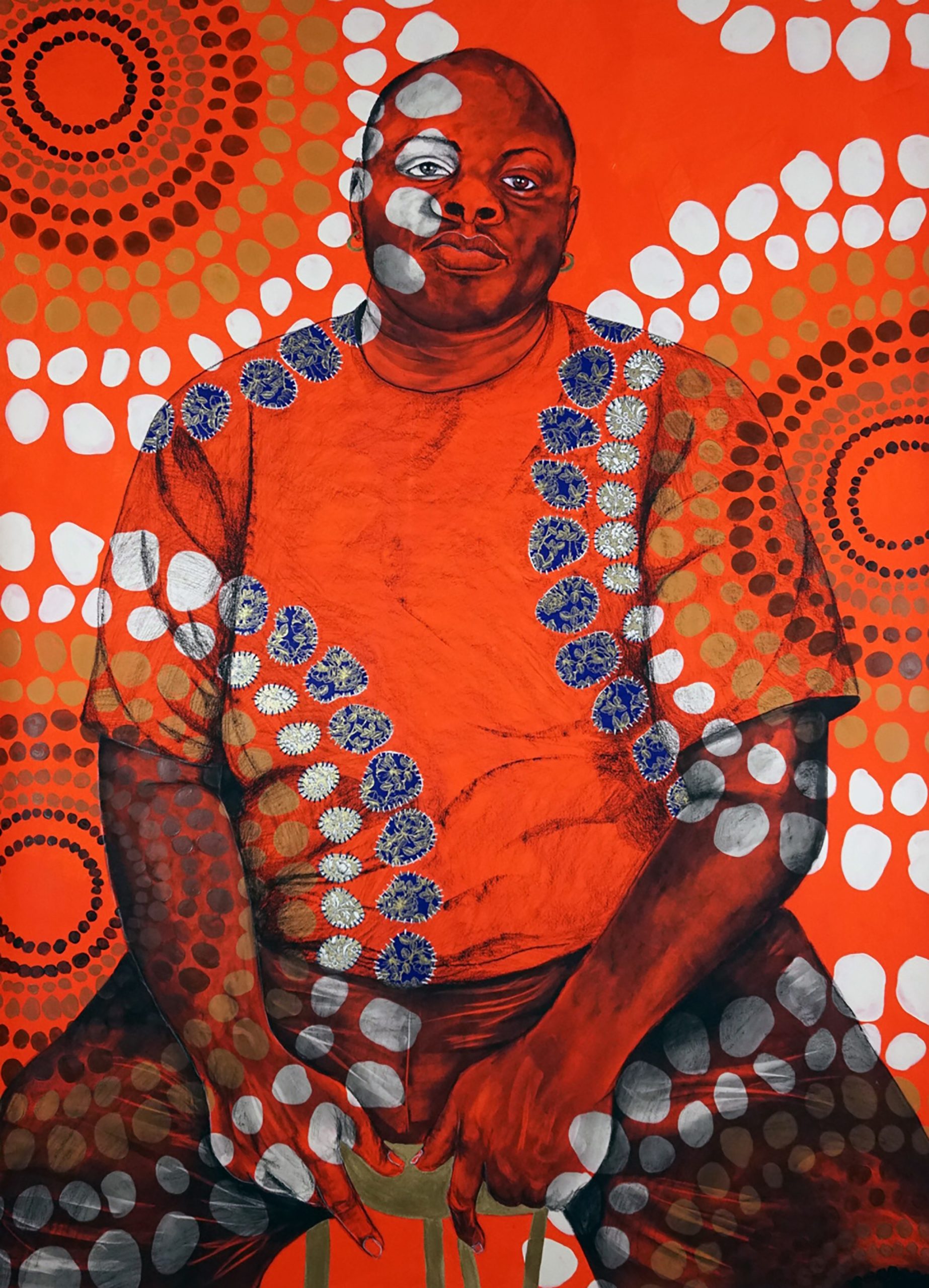 Mixed-media work of a seated dark skin person staring confidently at the viewer; an overlay of bright orange and circular patterns of white, blue, and brown circles covers the person and background.