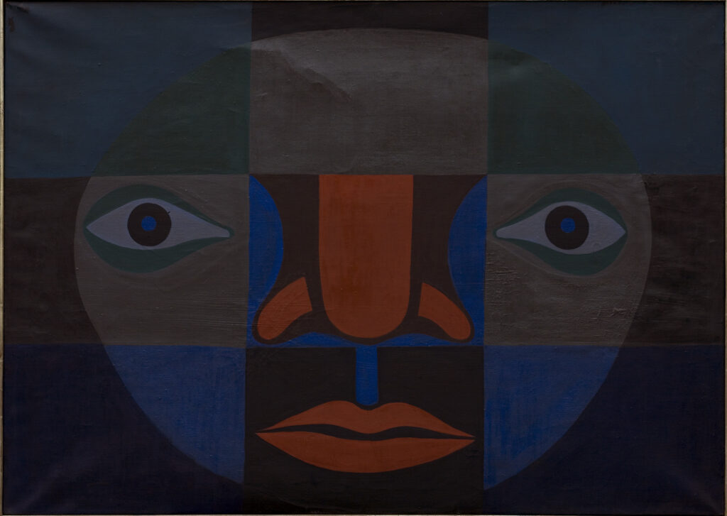 Divided into a grid of nine squares, this modernist painting depicts a stylized face with the eyes, nose, and mouth each consigned to separate squares. Solid-colored shapes in grays, muted blues, dark orange, black, and white are arranged to create the features of the face.