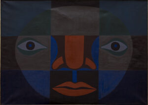 Divided into a grid of nine squares, this modernist painting depicts a stylized face with the eyes, nose, and mouth each consigned to separate squares. Solid-colored shapes in grays, muted blues, dark orange, black, and white are arranged to create the features of the face.